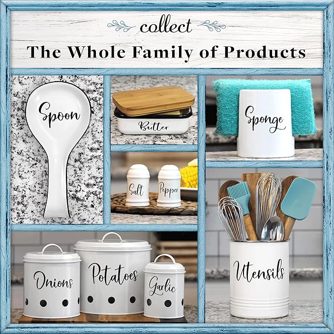 Home Acre Designs Vintage Farmhouse Utensil Holder - Stylish Countertop Organizer and Kitchen Decor Caddy - Stainless Steel Rim - White