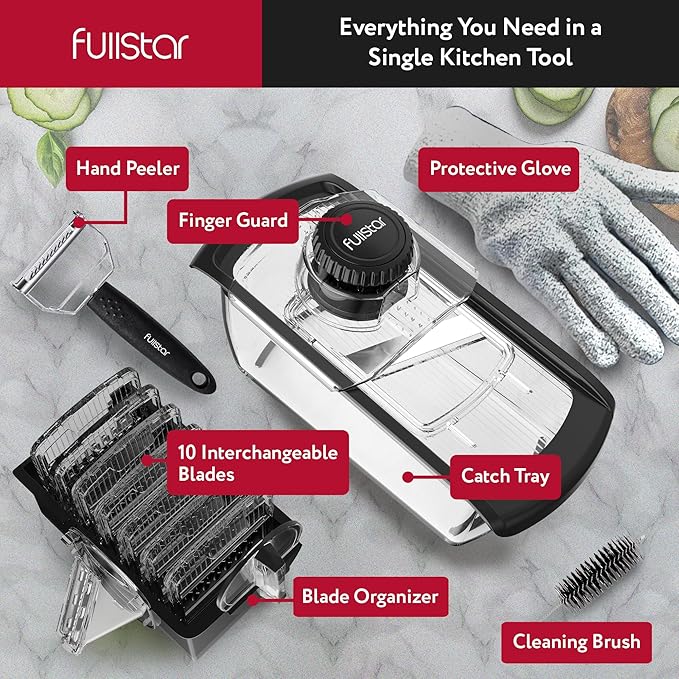 Fullstar Mandoline Slicer for Kitchen, Fruit Cutter, Cheese Grater, Cucumber Slicer, Veggie Spiralizer, Food Cutter & Kitchen Gadgets with Safety Glove (11 in 1, Clear)