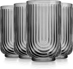 Vintage Glassware Art Deco Highball Glasses Set of 4 Smoke Ribbed Drinking Glasses 17 Oz Black U-Shape Arch Design Colored Cocktail Kitchen Tumblers