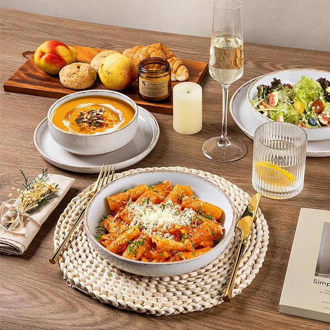 AmorArc Ceramic Dinnerware Sets with Pasta Bowls for 6, Handpainted Plates and Bowls Set with Rustic Terracotta Underside, Scratch Resistant Dishes Set, Dishwasher & Microwave Safe, 24 Pcs