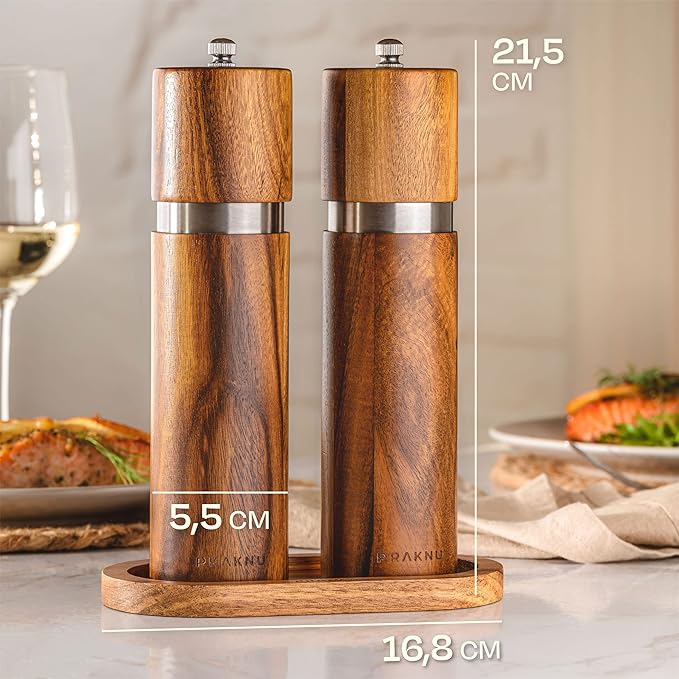 Salt and Pepper Grinder Set Wooden with Tray – Made from FSC® Acacia Wood – Adjustable Durable Ceramic Rotor - Plastic-Free