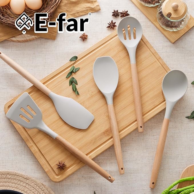 E-far Silicone Cooking Utensils Set, 5-Piece Kitchen Utensils Set with Wooden Handle for Cooking, Silicone Kitchen Nonstick Tools Spatula Turner Slotted Spoons, Nontoxic & Heat Resistant-Khaki