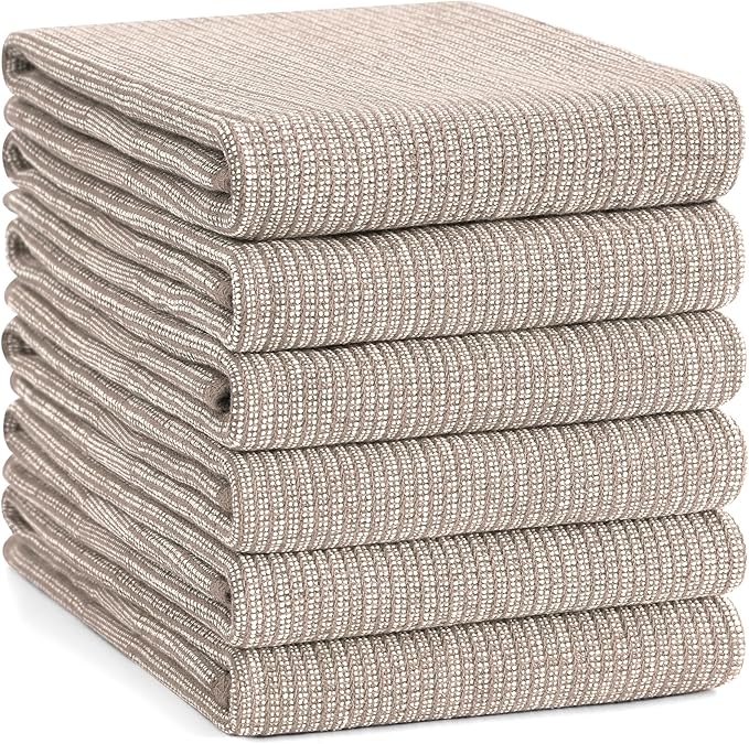 Homaxy Premium Kitchen Towels(18”x 28”, 6 Pack), Large Cotton Kitchen Hand Towels, Flat and Terry Dish Towels, 380 GSM Highly Absorbent Tea Towel Set with Hanging Loop, Khaki
