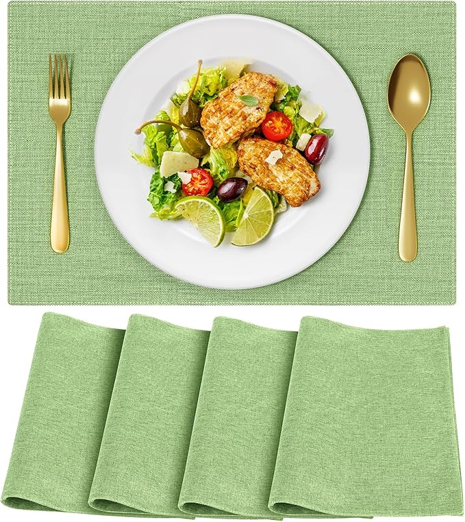 Cloth Placemats, Set of 4 Heat-Resistant Cotton Linen Blend Double Layered Machine Washable Place Mats, Wrinkle Free Thick Fabric Dining Table Mats for Indoors & Outdoors (Grass Green, 4)