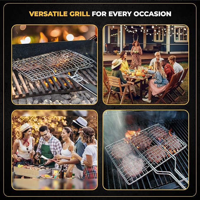 Fish Grill Baskets for Outdoor Grill Vegetables, Fish Grilling rack for Grill, BBQ Grilling Basket, Stainless steel Grill Basket for Veggies, shrimp Includes 50 skewers, Silicon Brush, and Carry Bag