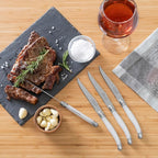 French Home Laguiole 4-Piece Steak Knife Set – Sophisticated Stainless Steel Dinner Knives with Pearlized White Handles & Iconic Bee Emblem – Serrated Knives for Smooth Cutting (9.25")