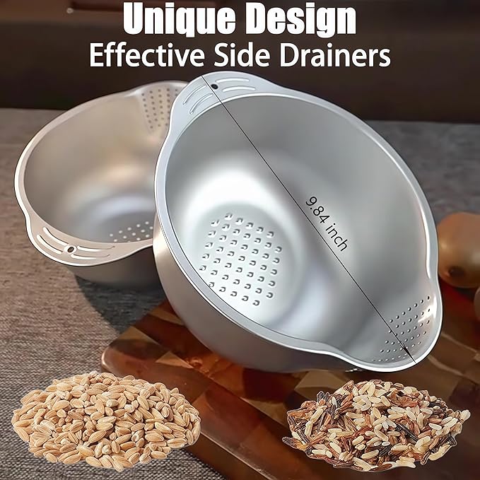 Rice Washer Strainer Bowl, Stainless Steel Washing Bowl for Rinsing Quinoa, Side Drainers Colander for Cleaning Fruits, Vegetables, and Beans - Versatile Kitchen Gadgets