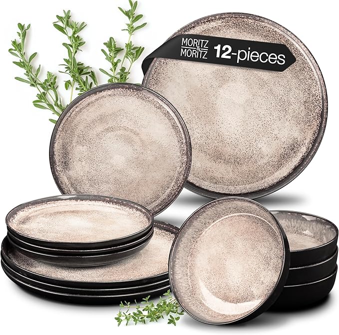 VIDA 12-Piece Porcelain Dinnerware Plate Set for 4 | Includes 4 Dinner Plates, 4 Dessert Plates, 4 Bowls | Modern Beige Ceramic Tableware, Stoneware Look, Microwave & Dishwasher Safe Dishes