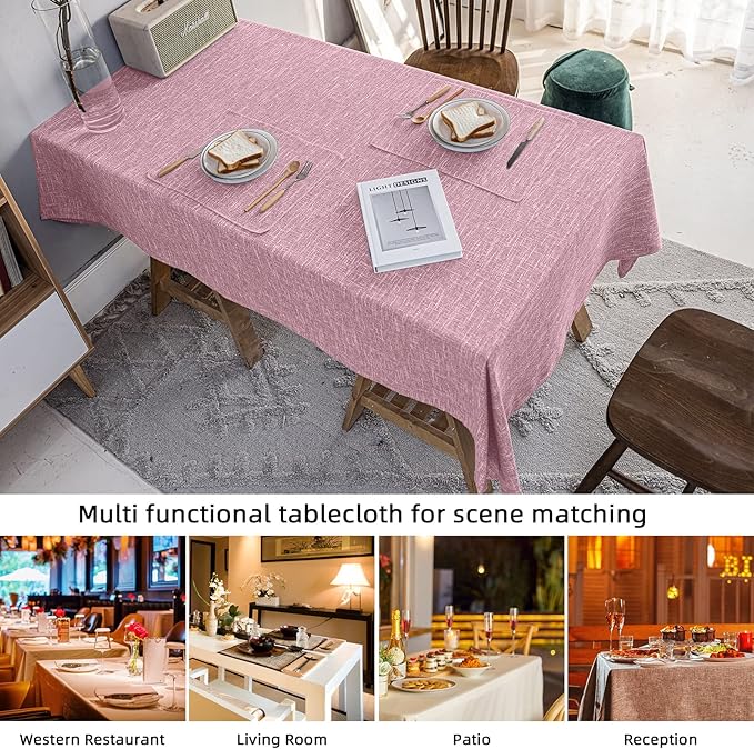 Waterproof Cotton Linen Thick Tablecloths Rectangle Dining Table Cloth, Wipe Clean Indoor & Outdoor Table Cover for Kitchen Party and Banquets, Wrinkle Resistant（54"x86"） Pink