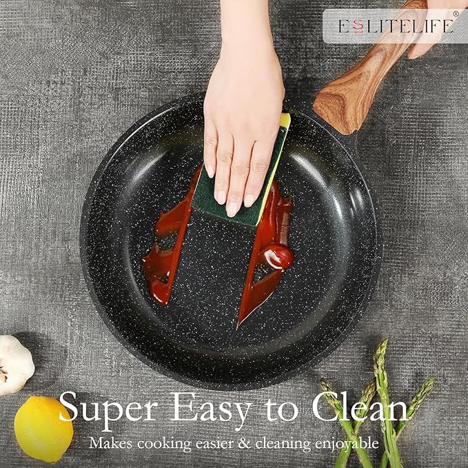 ESLITE LIFE Nonstick Ceramic Frying Pans Skillets Set, Non-Toxic Egg Omelette Kitchen Cooking Pans Compatible with All Stovetops (Gas, Electric & Induction), PTFE & PFOA Free (Black)