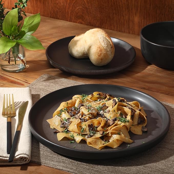 Gibson Elite Pasco 12 Piece (Service for 4) Plates and Bowls Reactive Glaze Dishes Stoneware Ceramic Dinnerware Set - Black