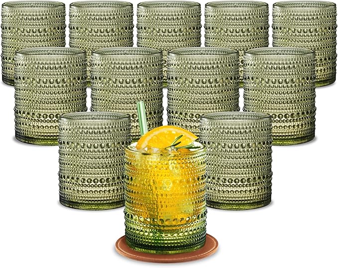 12 OZ Hobnail Drinking Set of 12 – Vintage Embossed Glassware, Textured Tumblers for Water, Beer, Cocktails, Mocktails, Whiskey & More – Includes Straws and Coasters – Green