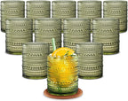 12 OZ Hobnail Drinking Set of 12 – Vintage Embossed Glassware, Textured Tumblers for Water, Beer, Cocktails, Mocktails, Whiskey & More – Includes Straws and Coasters – Green