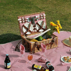 Picnic Basket Set for 4 with Waterproof Blanket Mat Insulation Bag Wicker Red Plaid Classic Vintage Gifts for Wedding Birthday Summer Camp Outdoor Camping Beach Travel Christmas Thanksgiving