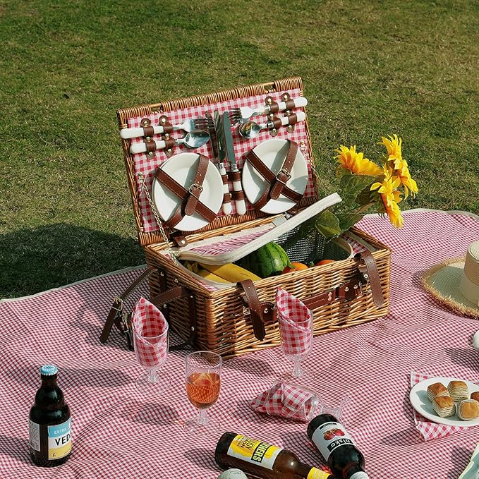 Picnic Basket Set for 4 with Waterproof Blanket Mat Insulation Bag Wicker Red Plaid Classic Vintage Gifts for Wedding Birthday Summer Camp Outdoor Camping Beach Travel Christmas Thanksgiving