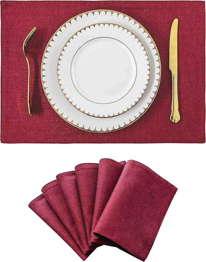 Home Brilliant Placemats Set of 6 Red Place Mats Decoration Heat Resistant Dining Table Place Mats Machine Washable Kitchen Table Mats, 13x19 inch, Burgundy