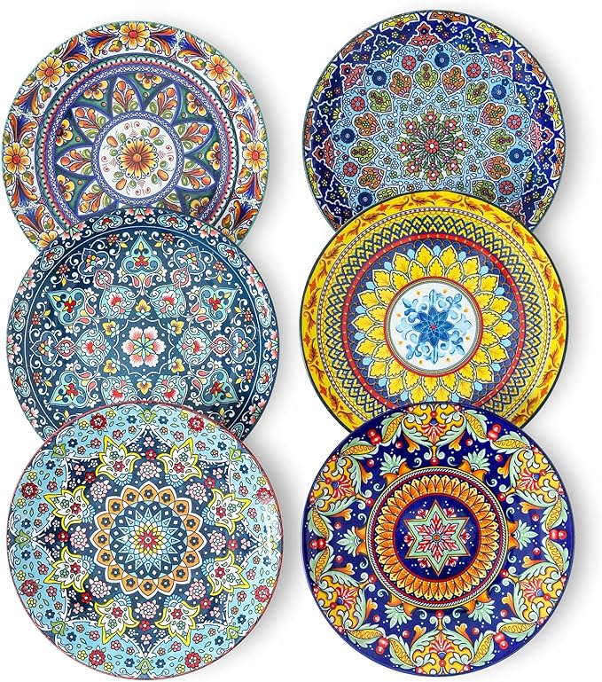glowworm Salad Plates Set of 6, 8.5 Inch Ceramic Dinner Plates, Colorful Bohemian Dessert Plates Set for Kitchen, Restaurant, Housewarming Gift, Microwave, Oven and Dishwasher Safe