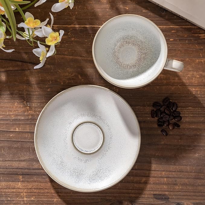 Porcelain Coffee Cup with Saucer, 10 oz Vintage Design Ceramic Latte Art Cappuccino Barista Espresso Tea Cup with Saucer(White Shell)