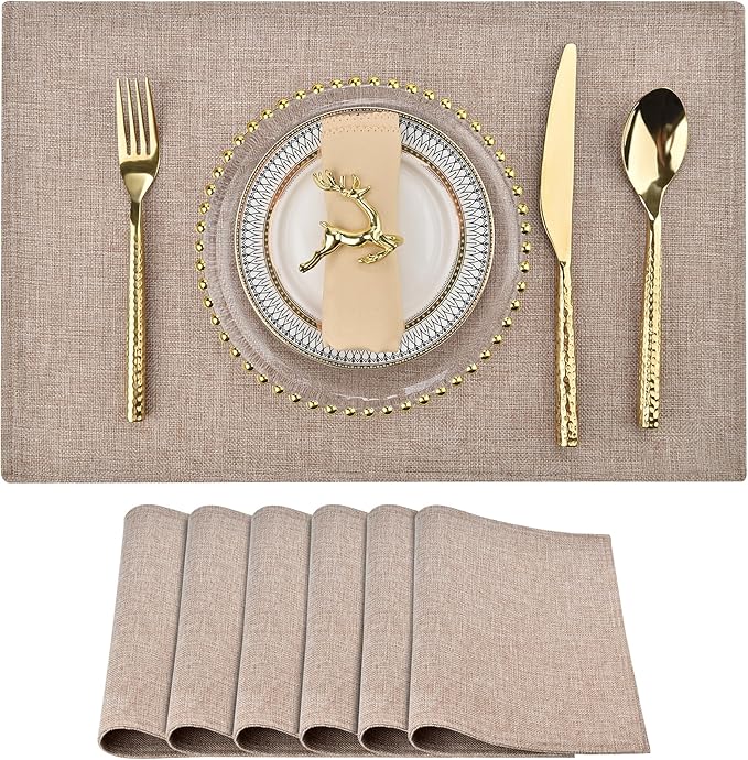 Cloth Placemats Set of 6 - Double Thickened Easy to Clean Linen Style Fabric Placemats - Machine Washable Placemats- Heat Resistant Non-Slip Table Mats - 18x12 Inch (Natural Linen, 6)