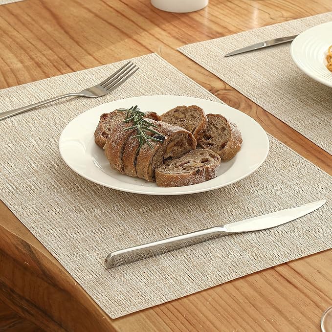Leetaltree Beige Placemats Set of 6 - Heat Resistant Non-Slip Place mats for Dining Table, Washable Durable PVC Vinyl Woven Table Mats（Beige, 6）