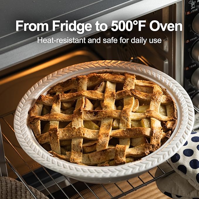 Deep Dish Pie Pan with Lid, 11 inch Ceramic Pie Dish, Round Baking Dish for Apple, Quiche, Pot Pies, Tart, etc, Microwave, Dishwasher, and Oven Safe