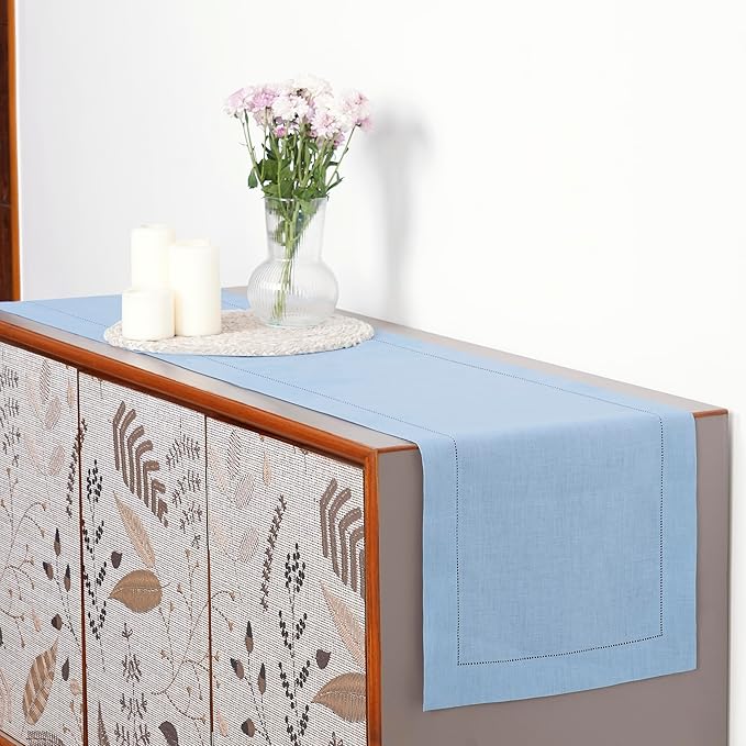 D'Moksha Homes Linen Powder Blue Table Runner 72 Inches Long - 100% Pure Linen Hemstitch Table Runner 14 x 72 Inch for Dresser, Dining, Summer, Fall and Halloween - Classic Hemstitch
