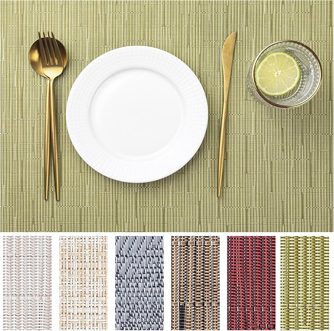 LEXMORE PVC Woven Placemats 12 PCS Wipeable Indoor/Outdoor Table Mats Washable Vinyl Place Mats for Dining Table, Set of 12-Pea Green