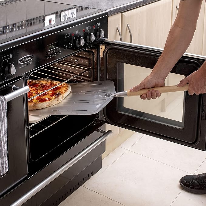 Hans Grill Pizza Stone PRO XL Baking Stone For Pizzas use in Oven, Grill or BBQ FREE Long Handled Anodised Aluminium Pizza Peel | Rectangular Stone 15 x 12" Inches | For Pies, Pastry, Bread, Calzone
