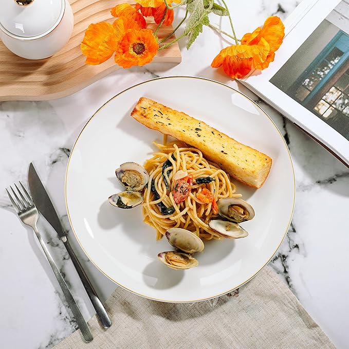 Brew To A Tea - White Porcelain Dinner Plates, Set of 12, 10.5" Gold Rimmed, Classic Style, Formal Dining