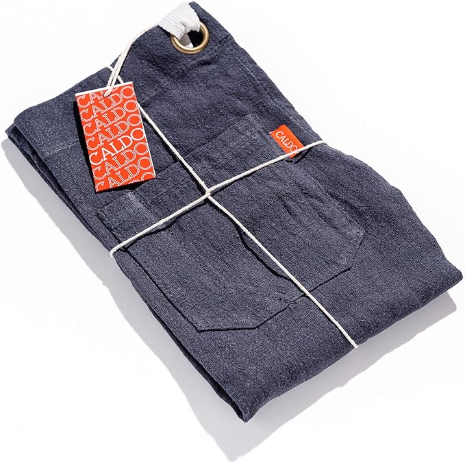 Caldo Linen Kitchen Apron for Cooking- Mens and Womens Linen Bib Apron for Professional Chef, Server, or Barista- Adjustable with Pockets (Navy)