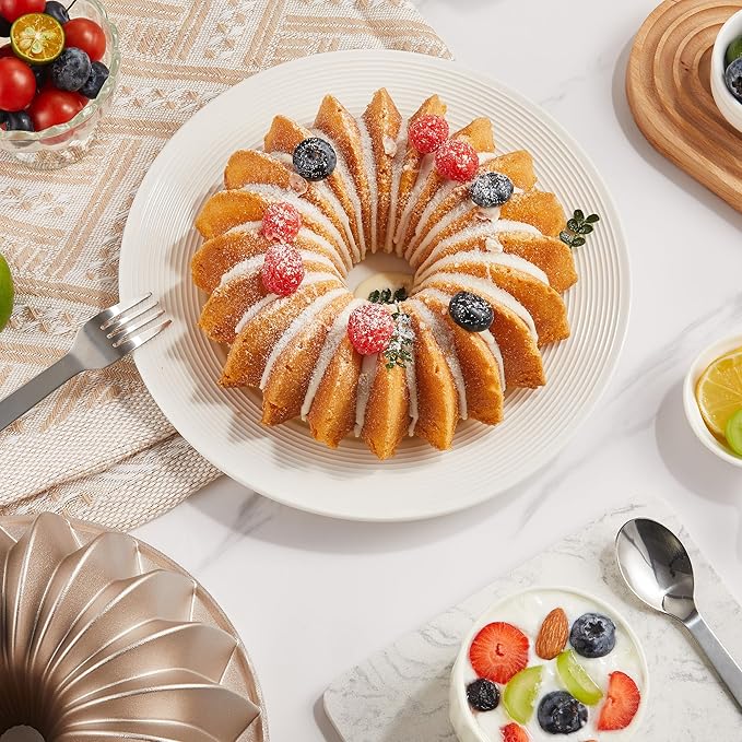 KITESSENSU Non-Stick Cake Pan, 9.5-Inch Aluminum Cake Mold, 10 Cup Fluted Heavy Duty Tube Pan, Durable Rust & Scratch-Resistant, Baking Mold for Jello, Gelatin, Chocoflan, Flan, French Wreath,Gold