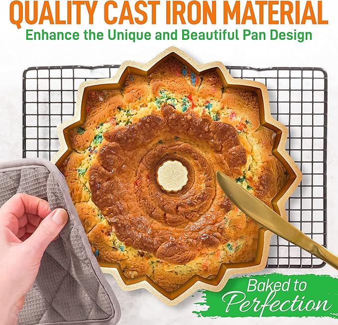 NutriChef 9-Inch Cake Pan, Thick and Heavy Cast Aluminum Cake Molds with 2 Layers of Nonstick Coating - Bloom Flower Design for Uniform Baking Up To 500 Degrees - Easy to Clean, Gold