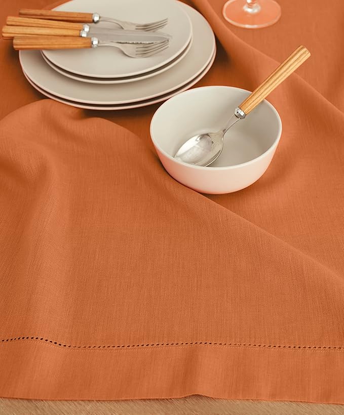 Solino Home Linen Square Tablecloth 52 x 52 Inch - 100% Pure Linen Pumpkin Table Throw - Classic Hemstitch, Machine Washable Table Cloth for Fall, Autumn, Halloween