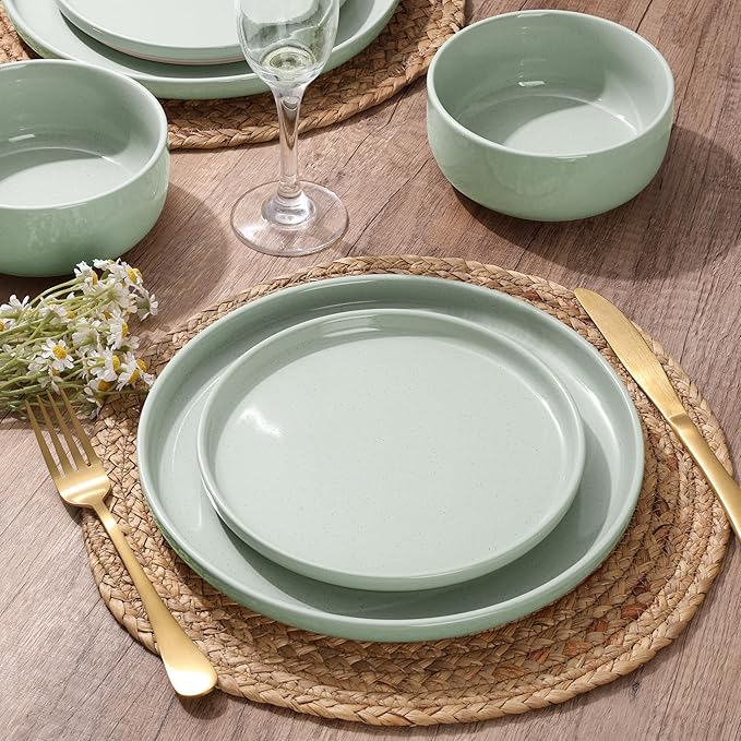 HaWare Stoneware Dinnerware Sets, 24-Piece Plates and Bowls Set for 8, Dishes Set for Home Restaurant,Speckled Asparagus Green