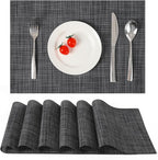 Myir JUN Placemats Set of 6, Vinyl Woven Placemats Place Mats Indoor Washable Table Mats Non-Slip Place mats for Dining Table (Dark Gray-Black, Set of 6)