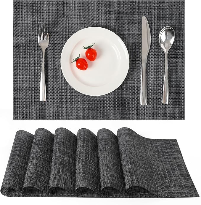 Myir JUN Placemats Set of 6, Vinyl Woven Placemats Place Mats Indoor Washable Table Mats Non-Slip Place mats for Dining Table (Dark Gray-Black, Set of 6)