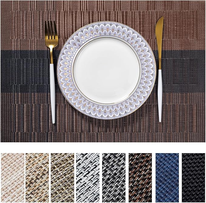 LEXMORE Placemats Set of 6 Vinyl/Plastic Woven Place Mats for Kitchen Table Indoor/Outdoor Washable Placemat Wipeable Dining Table Mats(Ombre Brown Black)