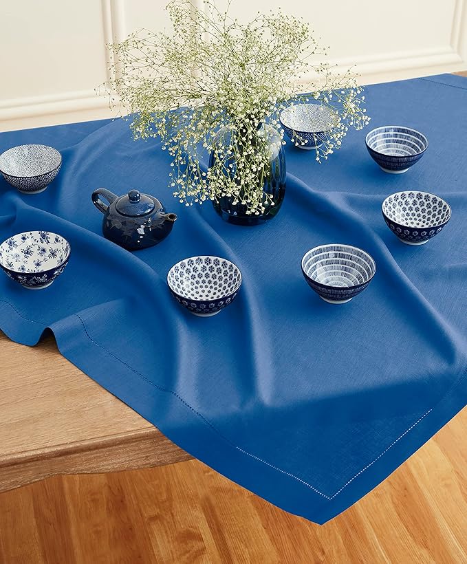 Solino Home Linen Square Tablecloth 52 x 52 Inch - 100% Pure Linen Indigo Blue Table Throw - Classic Hemstitch, Machine Washable Table Cloth for Summer, Fall, Autumn