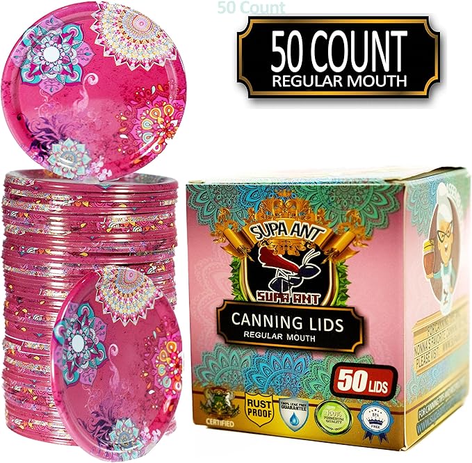 Supa Ant Thickest Canning Lids Regular Mouth (50 Pieces) Food Grade Tin - Can Lids for Canned Food - Buckle Proof & Rust Proof Lid for Canning Kit for Regular Mouth Mason Jars (Lush) Canning Supplies