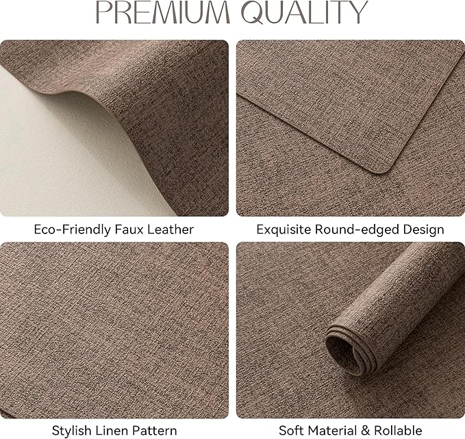 Romanstile Vinyl Placemats Set of 4-12 X 18 Inch - Heat Resistant Place Mats 100% Waterproof Oilproof Wipeable Reversible Faux Leather Table Mats for Kitchen/Dining/Party/Outdoor, Brown