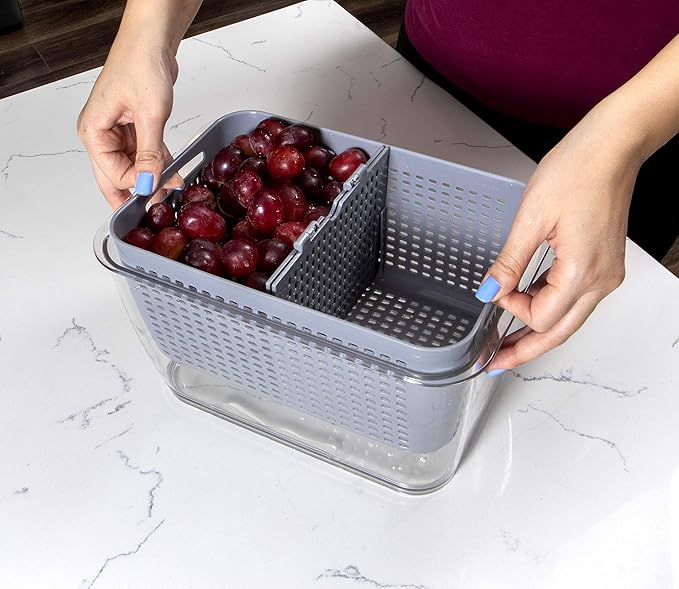 Kitchen Spaces Colander Stackable Food Storage Bin, Large, Gray, 11"L x 7"W x 9"H