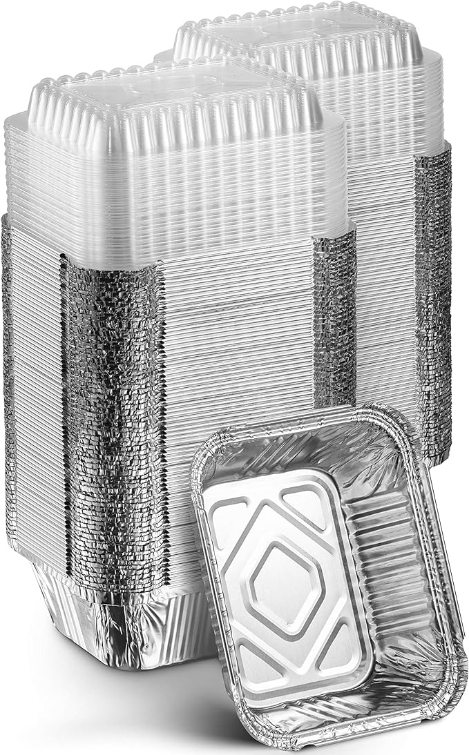 MontoPack Disposable Takeout Pans with Clear Lids | 1lb Capacity Aluminum Foil Food Drip Containers with Strong Seal for Freshness & Spill Resistance | Earth, Eco-Friendly & Recyclable 100Pack 5x4”