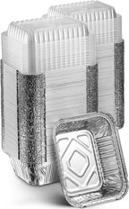 MontoPack Disposable Takeout Pans with Clear Lids | 1lb Capacity Aluminum Foil Food Drip Containers with Strong Seal for Freshness & Spill Resistance | Earth, Eco-Friendly & Recyclable 100Pack 5x4”