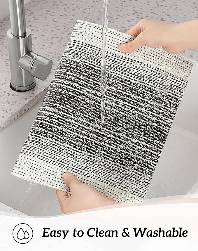 Leetaltree Black with White Woven Placemats Set of 6 - Heat Resistant Non-Slip Place mats for Dining Table, Washable Durable PVC Vinyl Woven Table Mats(Black with White, 6)