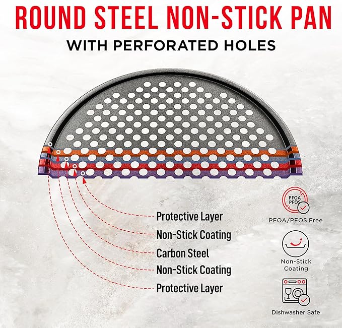 Non-Stick Pizza Pan with Holes - 13-Inch Perforated Pizza Crisper Carbon Steel Pizza Pan - 1 Round Pizza Trays PFOA PFOS and PTFE Free