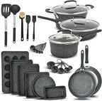 Pots and Pans Set, 23-Piece Non Stick Cookware & Bakeware Sets with Plaid Pattern, Stackable Design, Dishwasher Safe, Stain-resistant, Oven & All-Stove Safe, Tempered Glass Lid, Dark Gray