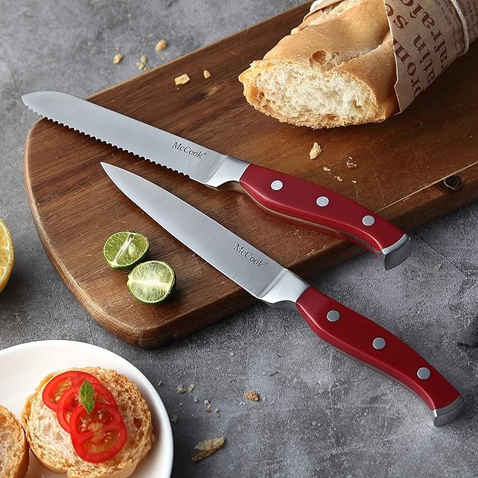 McCook® Stainless Steel Kitchen Knife Sets with Wooden Block, Kitchen Scissors and Built-in Sharpener, Red
