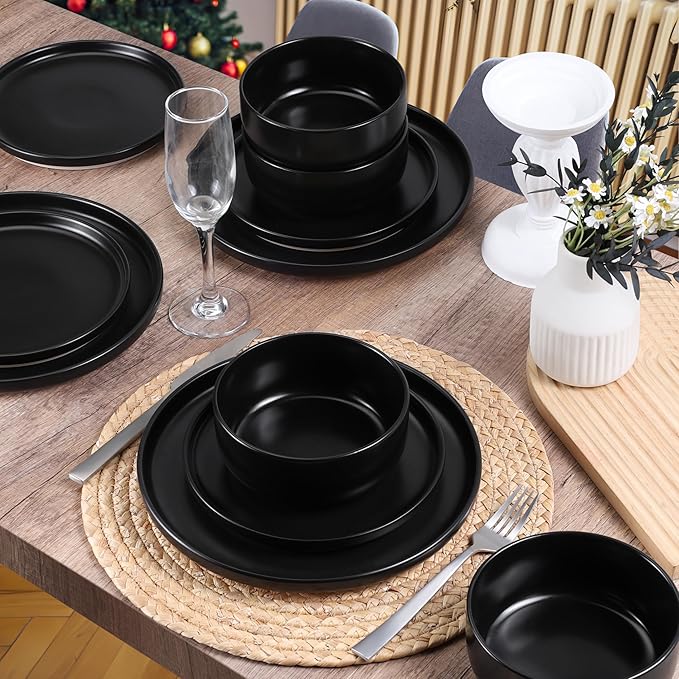 HaWare Stoneware Dinnerware Sets, 12-Piece Plates and Bowls Set for 4, Dishes Set for Home Restaurant, Frosting Black