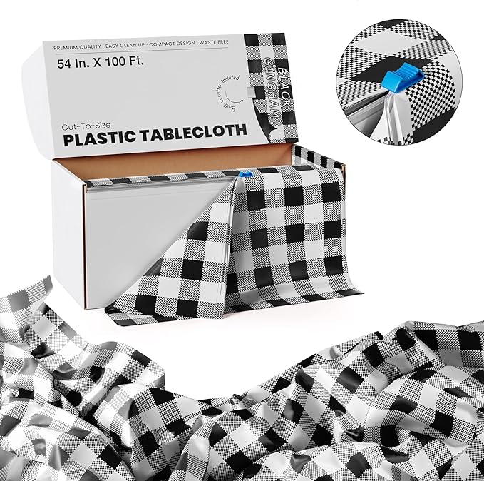 Exquisite Party Solids 54 Inch X 100 Feet Black Gingham Plastic Table Cover Roll in A Cut - to - Size Box with Convenient Slide Cutter. Cuts Up to 12 Rectangle 8 Feet Plastic Disposable Tablecloths
