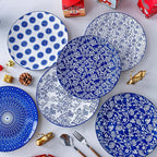 Ceramic Dinner Plates Set - 10.5 Inch Large Kitchen Porcelain Salad Serving Plate for Pasta Steak Pizza Pancakes - Scratch Resistant Dishwasher Oven Microwave Safe - Set of 6 - Vintage Blue